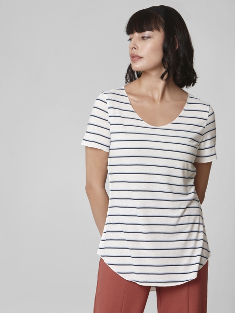 

Vero Moda Women White & Blue Striped Round Neck T-shirt