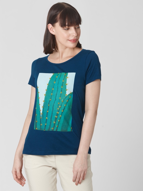 

Vero Moda Women Teal Blue & Green Cactus Print T-shirt with Embroidered Detail