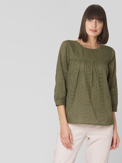 

Vero Moda Women Green Schiffli Embroidered Pure Cotton Top