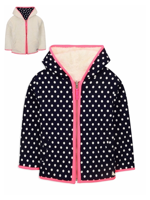 

Cherry Crumble Girls White & Navy Blue Reversible Printed Hooded Sweatshirt