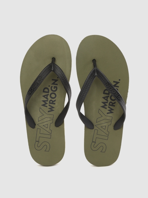 

WROGN Men Black & Olive Green Typography Print Thong Flip-Flops