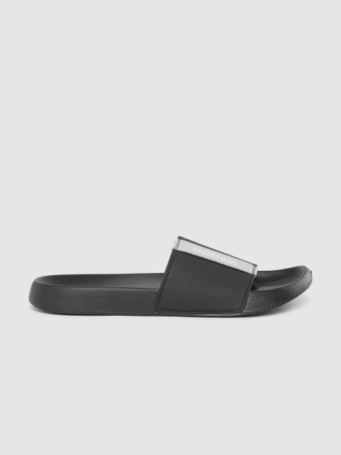 

WROGN Men Black & Grey Solid Sliders with Brand Logo Print Detail