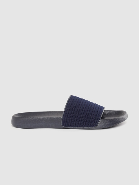 

WROGN Men Navy Blue Self Striped Sliders
