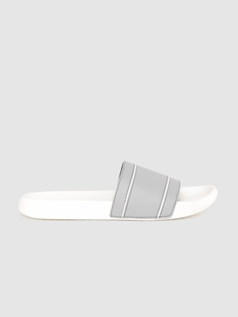 

WROGN Men Grey & White Solid Sliders with Striped Detail