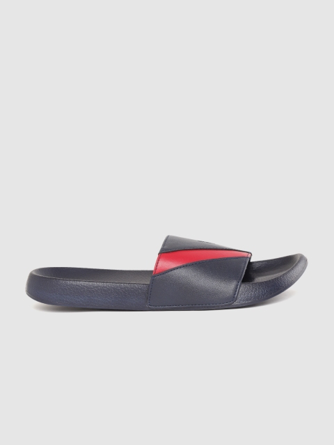 

WROGN Men Navy Blue & Red Colourblocked Sliders with Brand Logo Detail