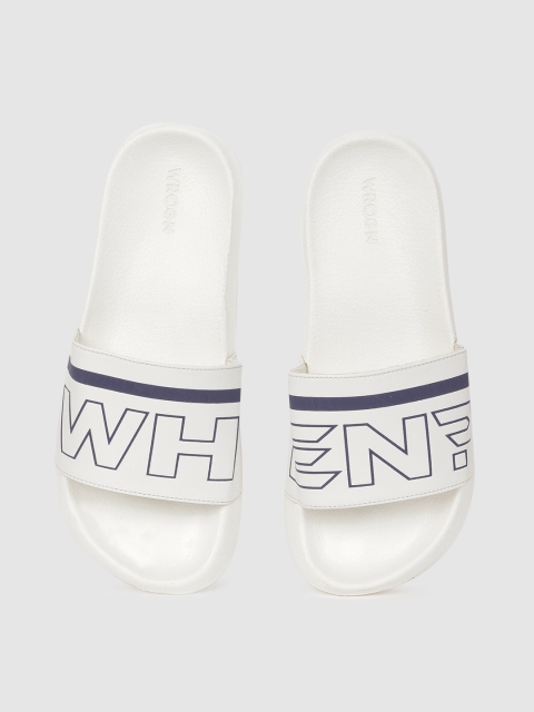

WROGN Men White & Navy Blue Printed Sliders