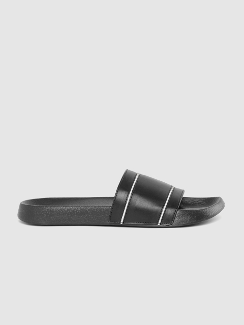 

WROGN Men Black Solid Sliders with Striped Detail