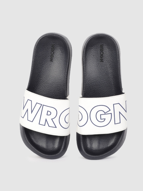 

WROGN Men Navy Blue & White Printed Sliders