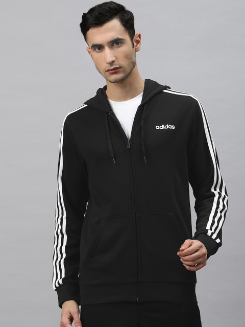

ADIDAS Men Black Solid Hooded Essentials 3-Stripes Track Jacket