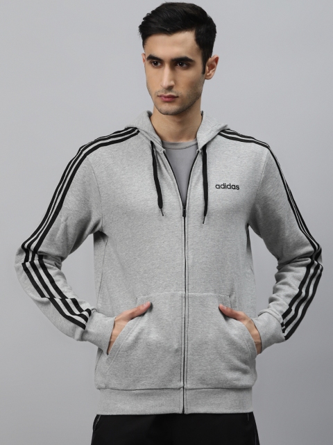 

ADIDAS Men Grey Melange Solid Hooded Essentials 3-Stripes Track Jacket