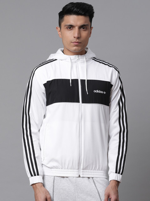 

ADIDAS Originals Men White & Black TB Windbreaker Colourblocked Hooded Sporty Jacket