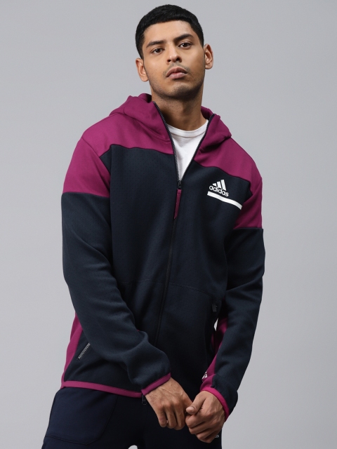 

ADIDAS Men Navy Blue & Magenta ZNE Full-Zip Solid Hooded Jacket