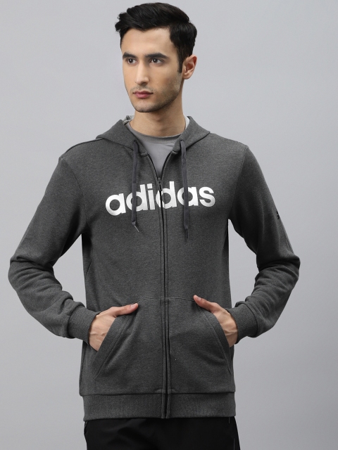 

ADIDAS Men Charcoal Grey & White Brand Logo Print Hooded Sporty Sweatshirt