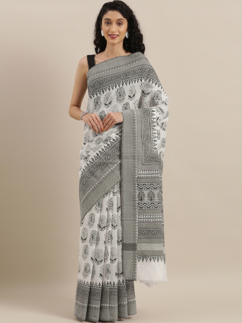 

The Chennai Silks Off-White & Black Cotton Blend Printed Chanderi Saree