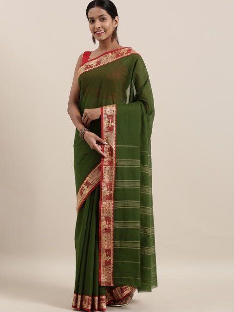 

The Chennai Silks Olive Green & Red Pure Cotton Solid Saree