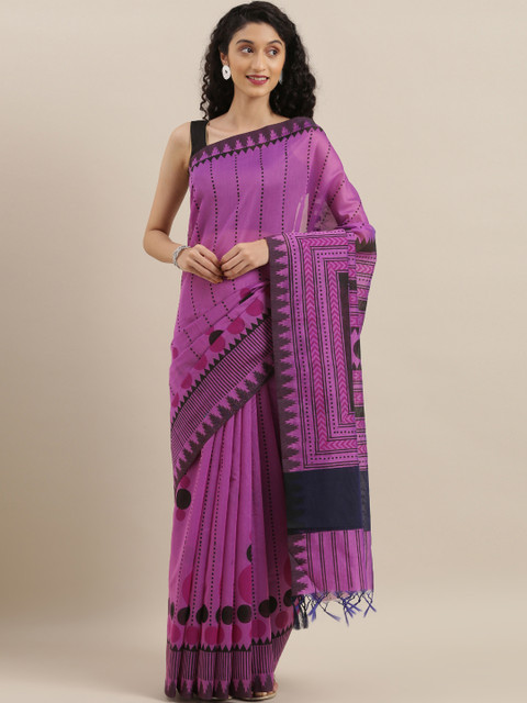 

The Chennai Silks Purple & Black Cotton Blend Geometric Printed Chanderi Saree