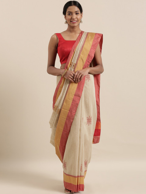 

The Chennai Silks Beige Cotton Blend Printed Chanderi Saree with Mirror Work
