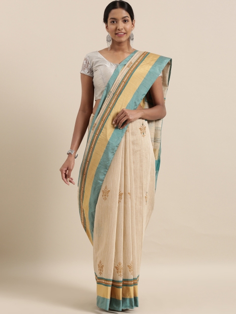 

The Chennai Silks Beige & Sea Green Cotton Blend Printed Chanderi Saree