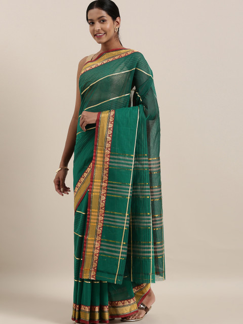 

The Chennai Silks Green & Gold-Toned Pure Cotton Striped Saree