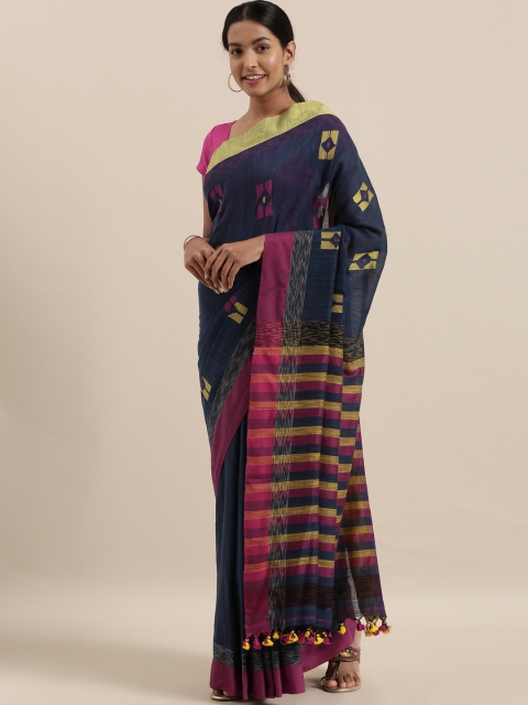 

The Chennai Silks Navy Blue & Pink Pure Linen Woven Design Saree