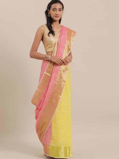 

The Chennai Silks Pink & Yellow Pure Linen Colourblocked Saree