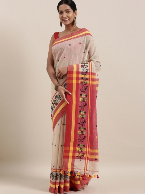 

The Chennai Silks Beige & Red Pure Linen Embroidered Saree