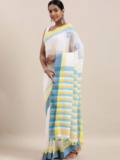 

The Chennai Silks White & Yellow Pure Linen Woven Design Saree