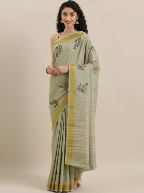 

The Chennai Silks Classicate Green Floral Embroidered Cotton Blend Saree