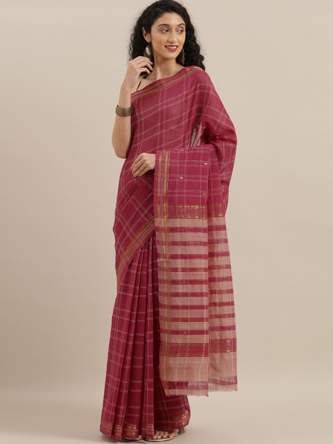 

The Chennai Silks Pink & Off-White Pure Cotton Checked Sustainable Saree