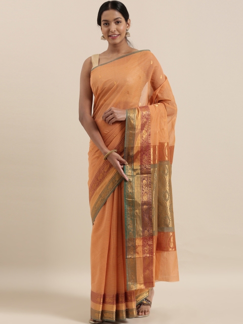 

The Chennai Silks Peach-Coloured & Gold-Toned Pure Cotton Woven Design Venkatgiri Saree