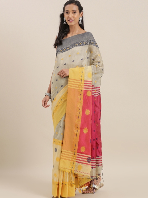 

The Chennai Silks Grey & Yellow Pure Linen Woven Design Saree