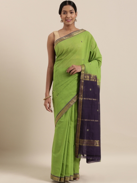 

The Chennai Silks Lime Green & Navy Blue Pure Cotton Embellished Sustainable Saree