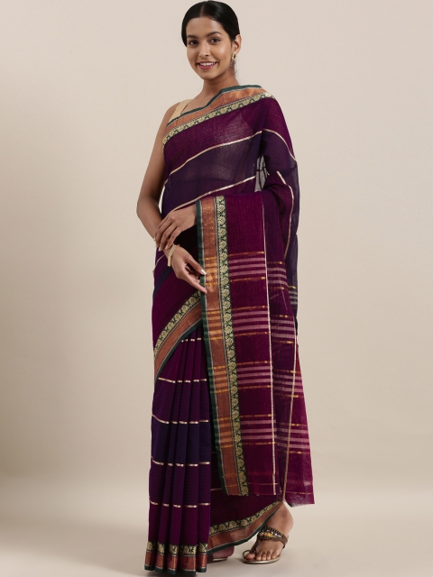 

The Chennai Silks Classicate Navy Blue & Purple Pure Cotton Striped Saree