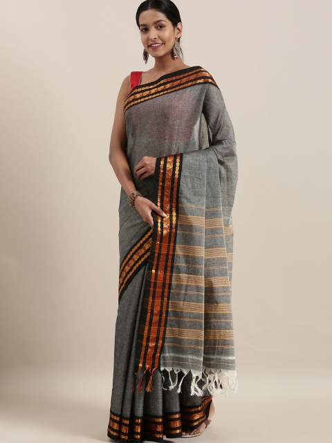 

The Chennai Silks Grey & Black Pure Cotton Solid Saree