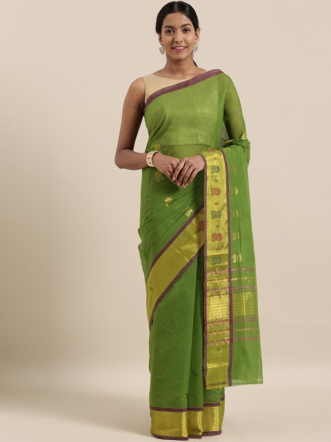 

The Chennai Silks Classicate Green & Gold-Toned Pure Cotton Woven Design Venkatgiri Sustainable Saree