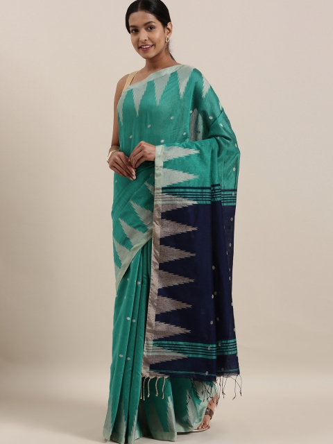 

The Chennai Silks Green & Navy Blue Pure Linen Woven Design Saree