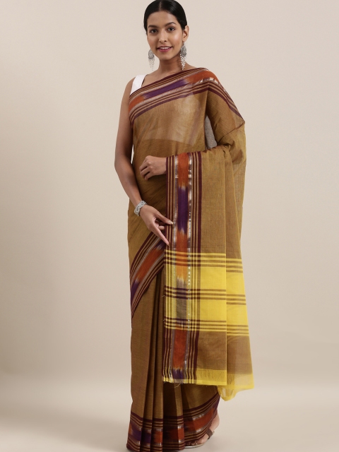 

The Chennai Silks Mustard Yellow & Maroon Pure Cotton Striped Venkatgiri Saree