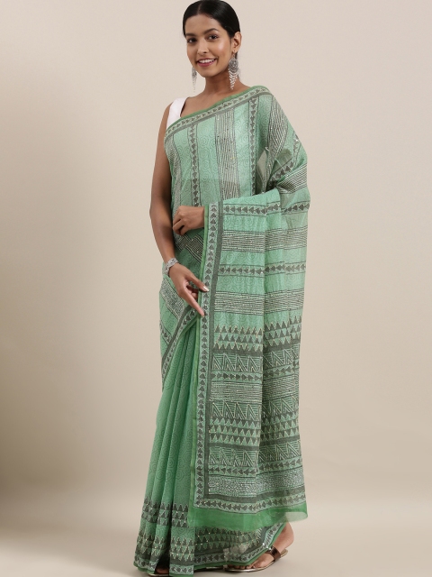 

The Chennai Silks Green Cotton Blend Floral Printed Chanderi Saree With Kantha Work