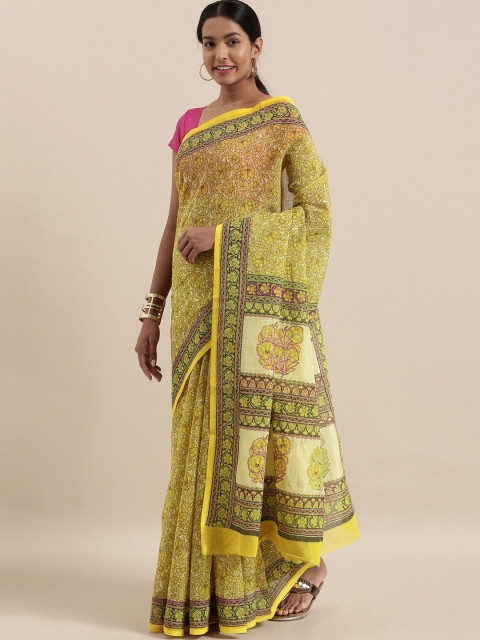 

The Chennai Silks Yellow & Black Cotton Blend Floral Printed Chanderi Saree