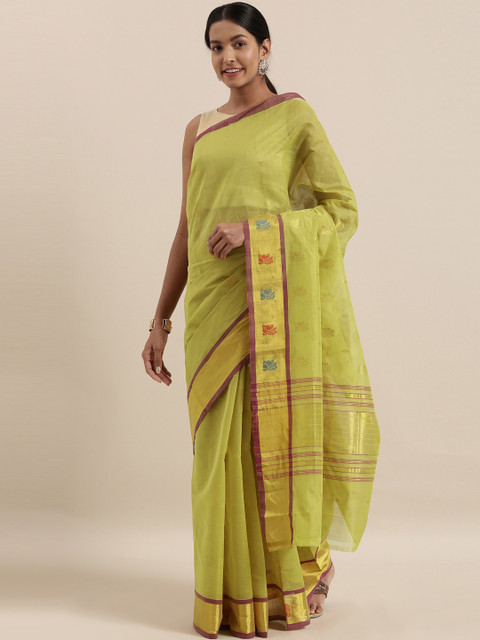 

The Chennai Silks Lime Green & Gold-Toned Pure Cotton Woven Design Venkatgiri Sustainable Saree