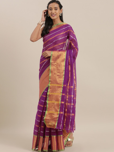 

The Chennai Silks Classicate Purple & Gold-Toned Pure Cotton Striped Venkatgiri Saree