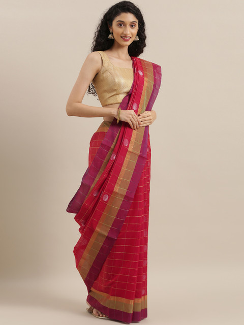 

The Chennai Silks Classicates Red & Gold-Toned Pure Cotton Checked Gadwal Saree