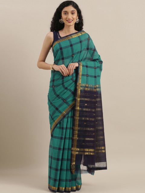 

The Chennai Silks Sea Green & Navy Blue Pure Cotton Checked Saree