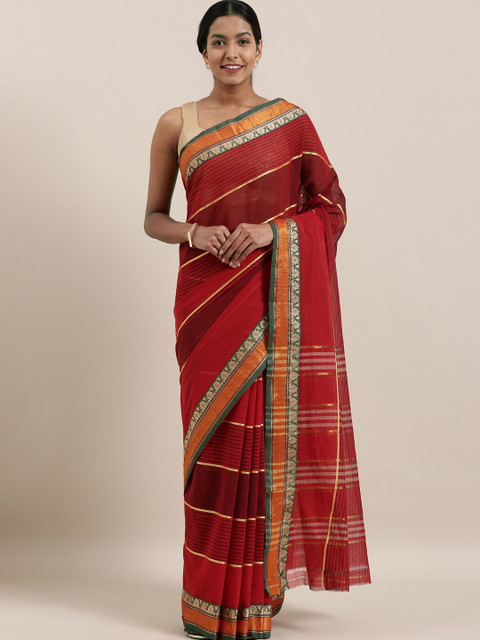 

The Chennai Silks Classicates Red & Gold-Toned Pure Cotton Striped Saree