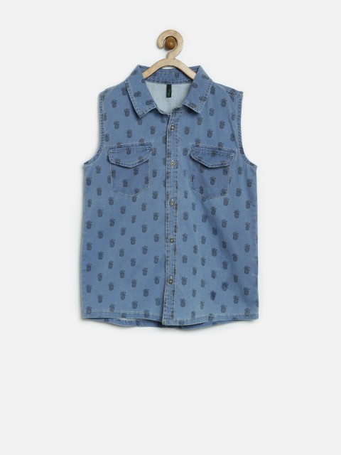 

United Colors of Benetton Girls Blue Printed Denim Shirt