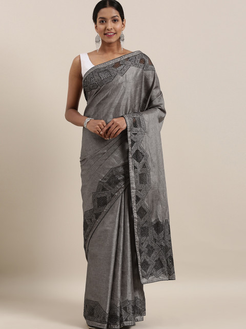 

The Chennai Silks Grey Viscose Rayon Solid Banarasi Saree With Embroidery