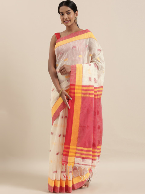 

The Chennai Silks White & Mustard Yellow Pure Linen Woven Design Saree