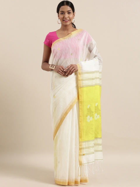 

The Chennai Silks Off-White & Yellow Pure Linen Woven Design Saree