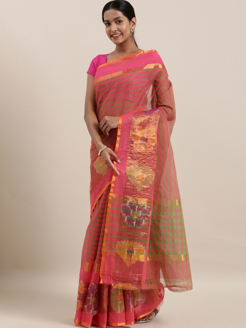 

The Chennai Silks Classicate Pink & Green Pure Cotton Striped Venkatgiri Saree