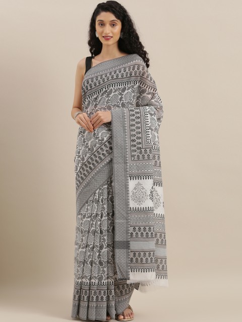 

The Chennai Silks White & Grey Cotton Blend Printed Chanderi Saree